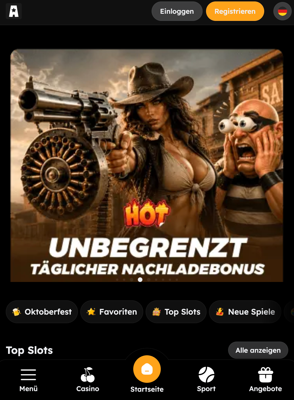 Deutsche mobile VegasNova Lobby mit Einloggen, Registrieren, Spielkategorien und Navigation