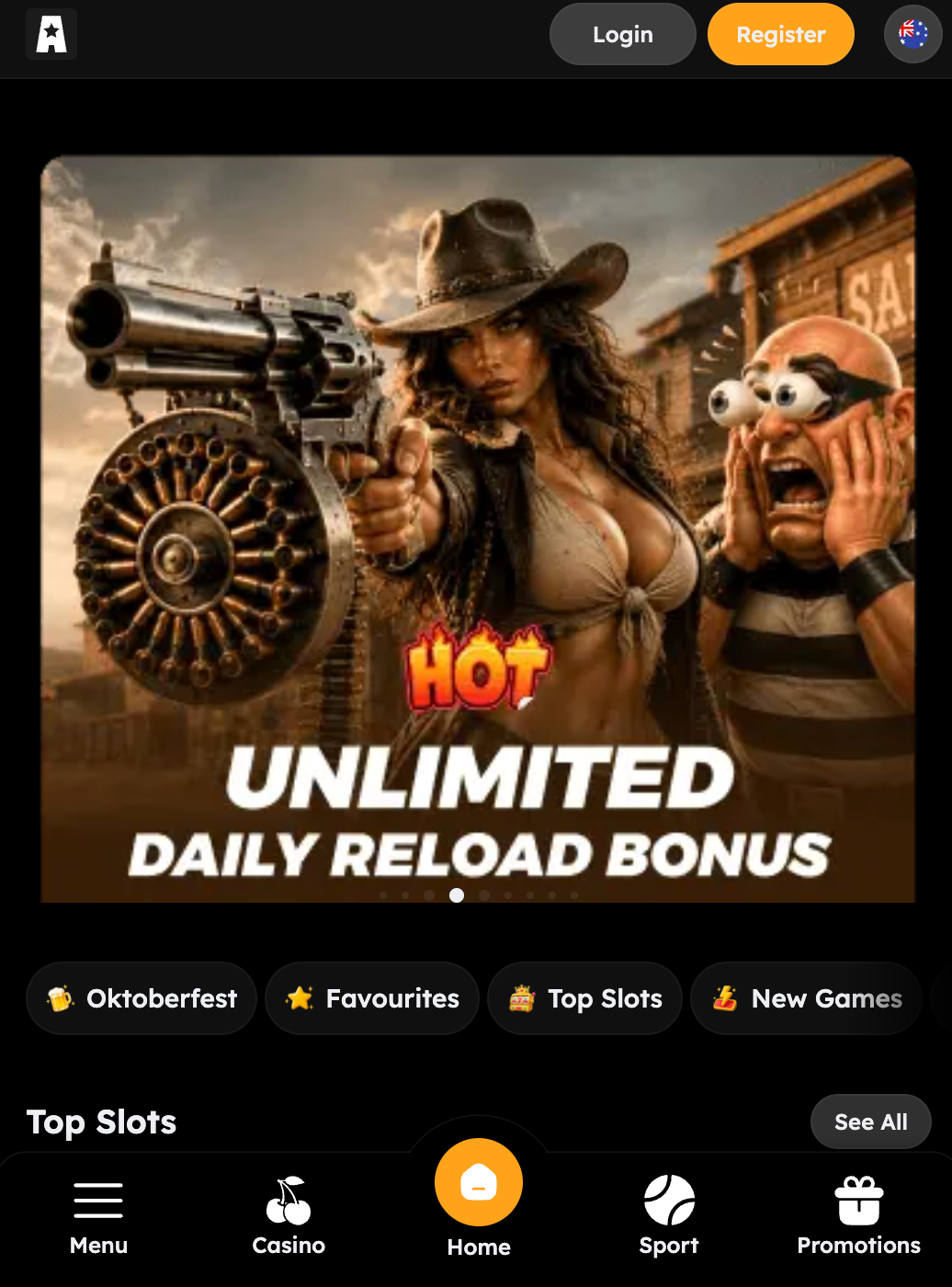 VegasNova English mobile lobby with Login, Register, game categories and bottom navigation