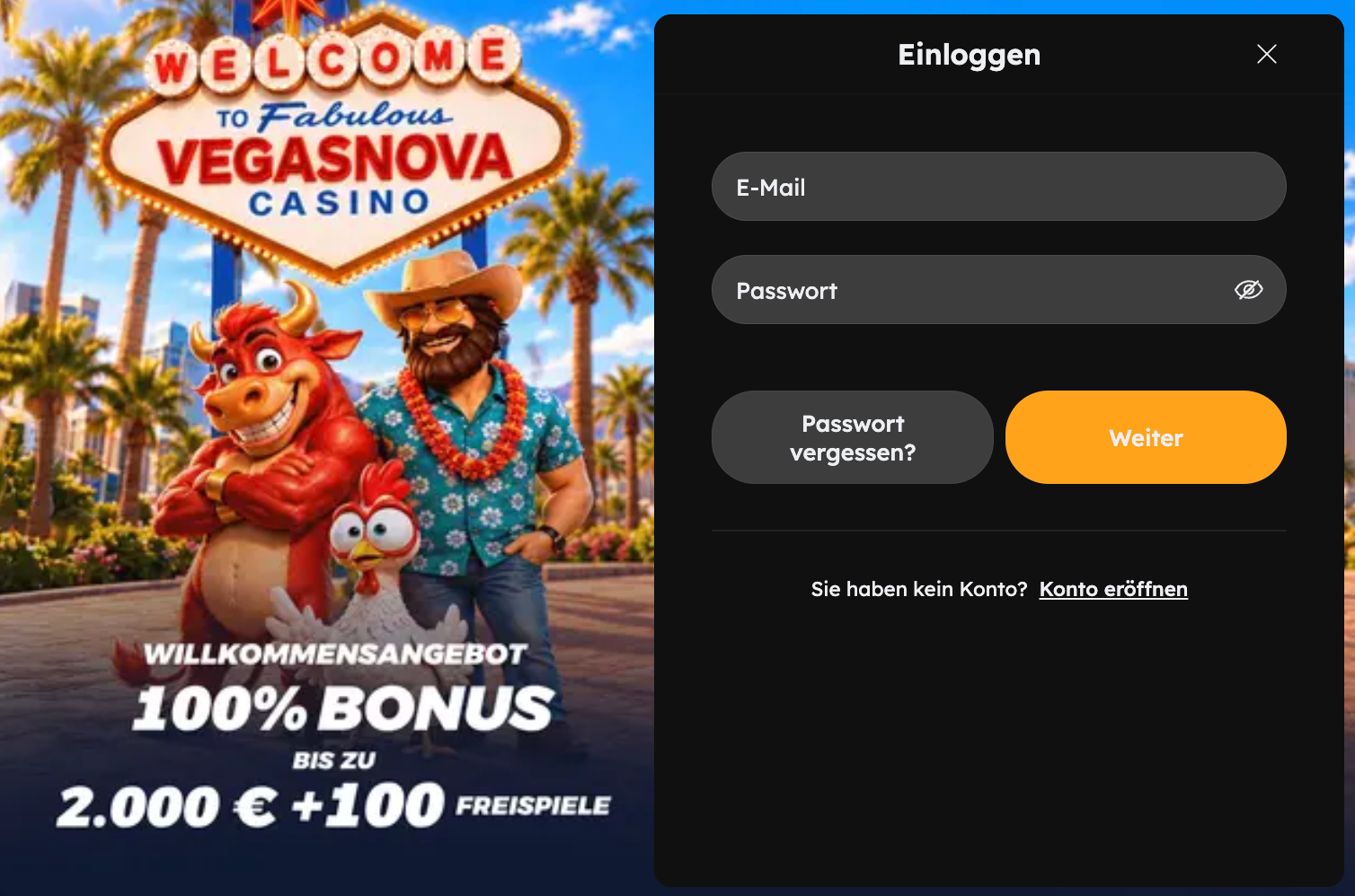VegasNova Anmeldeansicht mit E-Mail, Passwort und Passwort vergessen