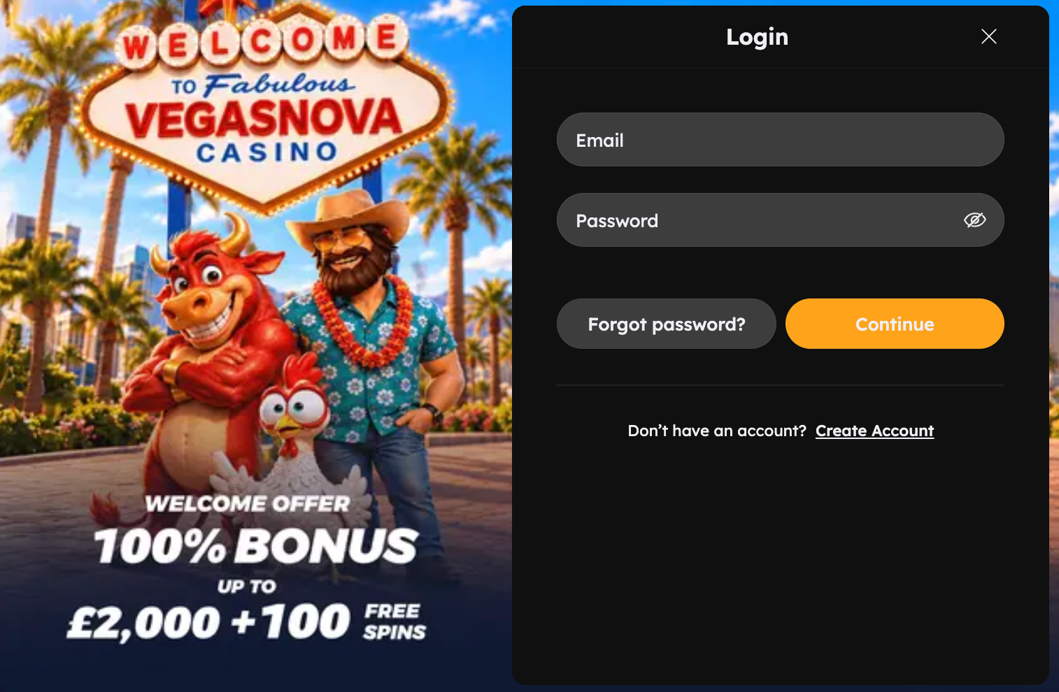 VegasNova English login screen with Email, Password and Forgot password options