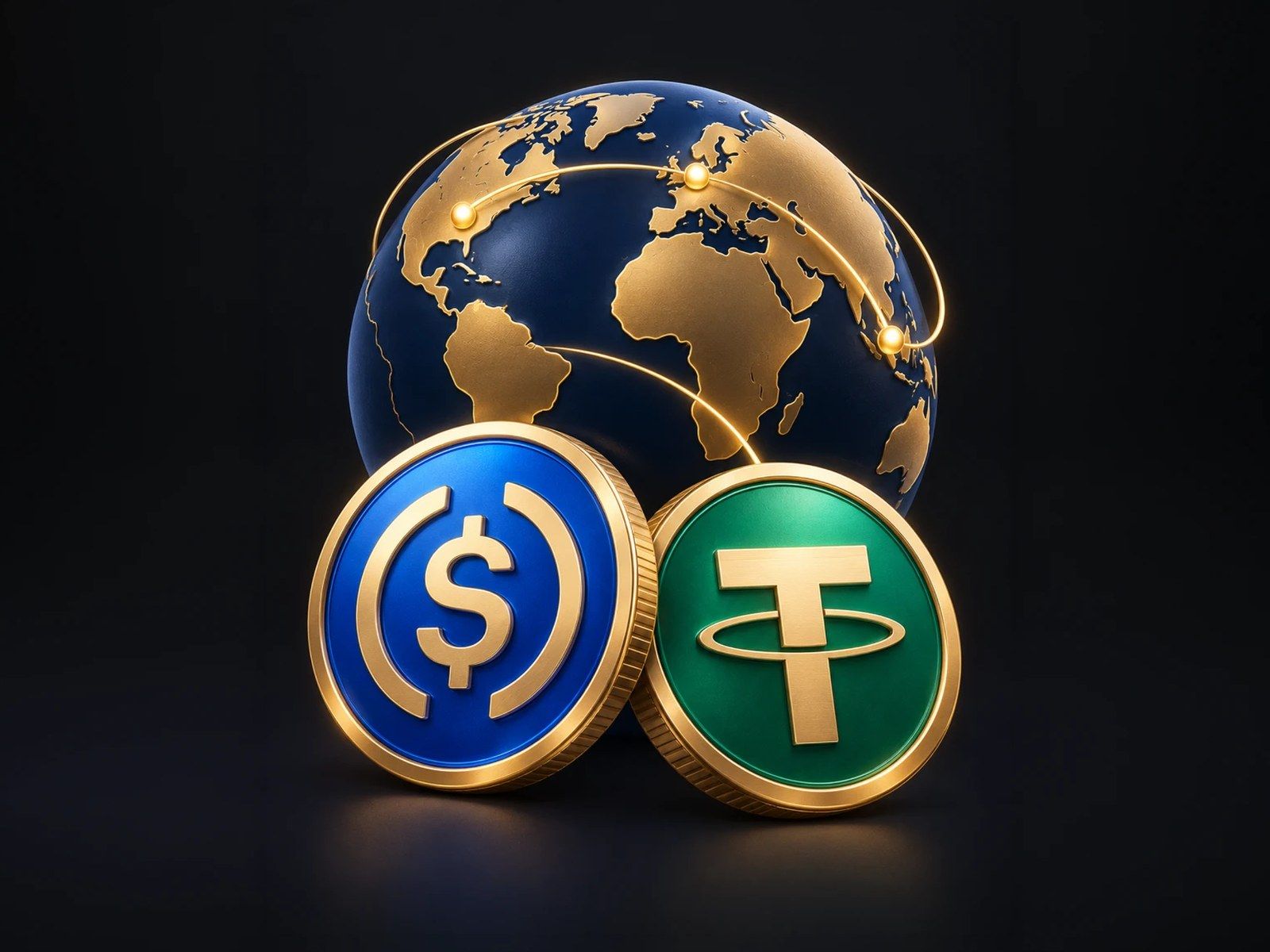 Official VegasNova illustration of USDC and USDT coins around a globe